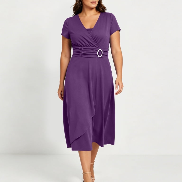 plus size purple wedding guest dress Cesley Pink Plus Size Wrap Dress With Ruffles Semi Formal Wedding Guest Dress 0X 1X 2X 3X