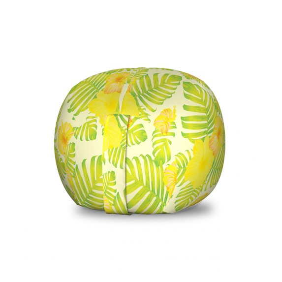 Jungle Storage Toy Bag Chair, Monstera Leaf Branches Hibiscus Flowers Hawaiian Caribbean Summer Art, Stuffed Animal Organizer Washable Bag, Large Size, Yellow Lime Green Ivory, by Ambesonne