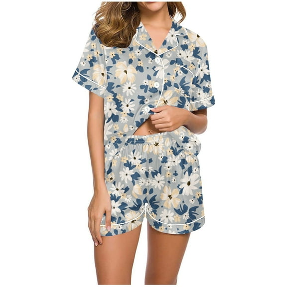 Womens Summer Pajamas Sleepwear Womens Short Sleeve Silk Satin Pajamas Set Two-Piece Sleepwear Loungewear Pajama Sets on S-2XL