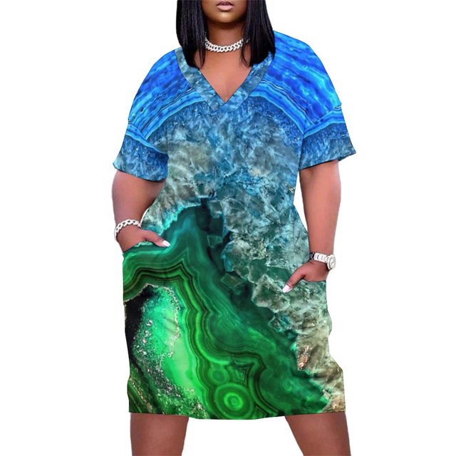 Vestido holgado con bolsillos y gemas minerales de ágata sintética verde y azul, elegante y chic, para mujer, promoción de ropa de verano 2025