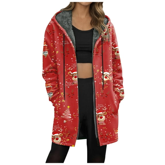 larppty Women's Christmas Transition Teddy Hooded Jacket - Long Sleeve Warm Fleece Plush Elegant Winter Coat（Red，L）