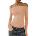 thumbnail image 2 of Long Sleeve Off Shoulder Top Women Elegant Pure Color Slim Fit Mesh Ruched T Shirt Blouse For Party, 2 of 2