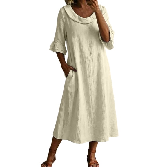 Eawtki Women's Round Neck Three Quarter Sleeve Midi Dress Ruffled Cuff With Pockets Loose Fit Casual Linen Blend Dress