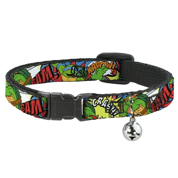 Nickelodeon Cat Collar, Breakaway Collar with Bell, Ninja Turtles Action Poses Action Bubbles Dots Blues, 8.5 to 12 Inches 0.5 Inch Wide