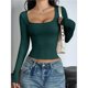 thumbnail image 5 of Camisas de Larga para Mujer, Tops Cortos, Cuello Cuadrado, Camisetas Básicas para Salir, Ropa de Invierno Y2K 2025 Verde Oscuro S, 5 of 7