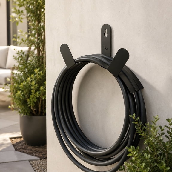 Metal Garden Hose Holder - Wall Mounted Water Hose Holder - Heavy Duty Hose Hanger for Water Hose Extension Cords Vacuum Hose (Black)