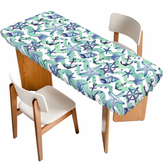 Blue Starfish Anchor Table Cloths for 8 Foot Rectangle Tables, Summer Coastal Teal Waves Stripe Patio Waterproof Elastic Fitted Tablecloths, Washable Rectangular Table Cover for Camping