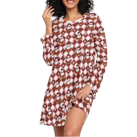 joogoo Christmas Snowman Checkered Women's Long Sleeve Nightgown Sleepwear L