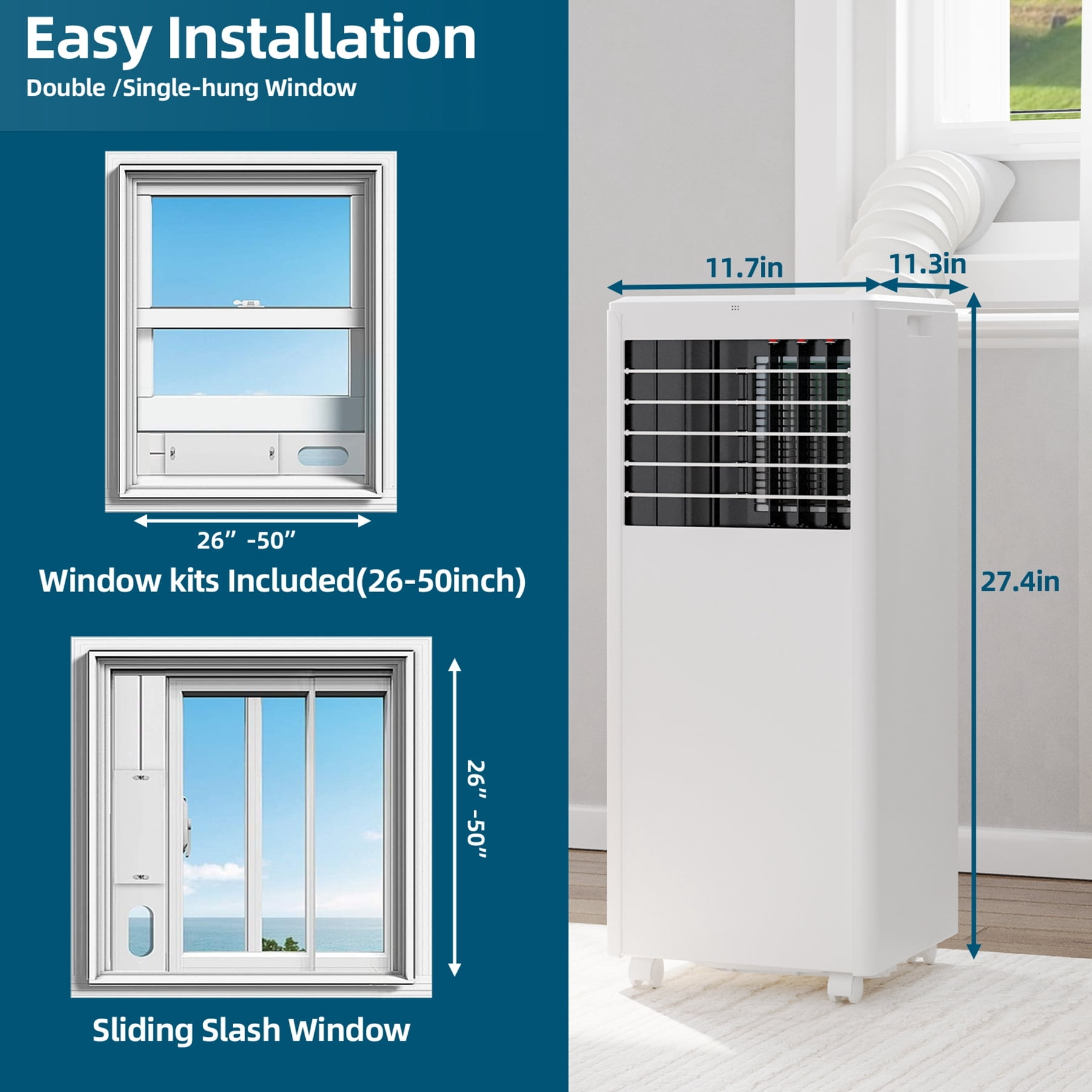 Aoile Portable AC Unit 5000 BTUs (8000BTU ASHRAE) 3-In-1 Portable Air Conditioner with Window Kit Cools Rooms up to 350 Sq.Ft