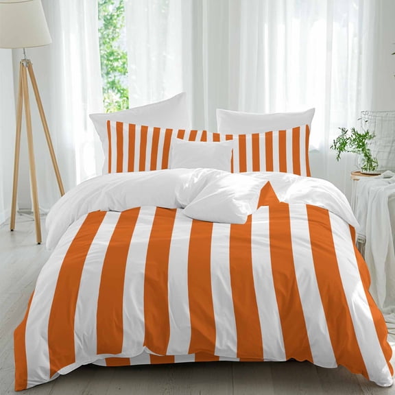 Orange and White Striped Duvet Cover Set Full Size Gradient Geometric Soft Lightweight Comforter Covers 4 Piece Bedding Set with 1 Duvet Cover 1 Bed Sheet & 2 Pillow Shams