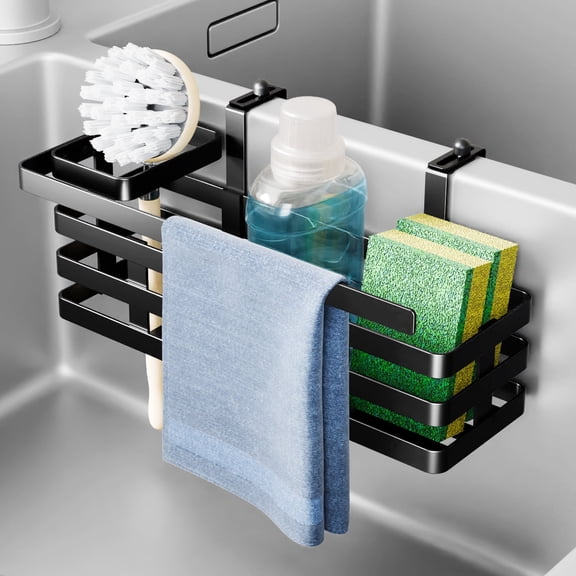 NiHome Over Sink Divider Sponge Holder for Sponges, Brushes & Accessories, Multi-Compartment Storage Caddy for Double Sinks, Fast Drainage Adjustable Kitchen Sponge Organizer,Easy to Install & Remove