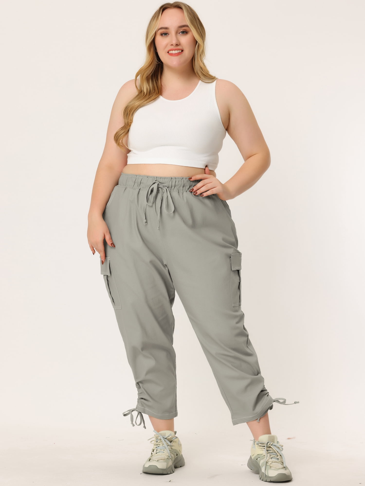 Plus Size Cargo Pants for Women High Waist Drawstring Elastic Waist 3X Gray