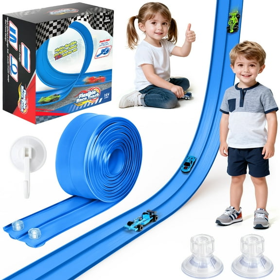 Beefunni Flexible Race Track for Kids, Bendable Track with Suction Cups, Portable & Foldable Indoor/Outdoor Toy, Compatible with Most 1:64 Toy Cars, Creative Gift for Boys & Girls (Blue)