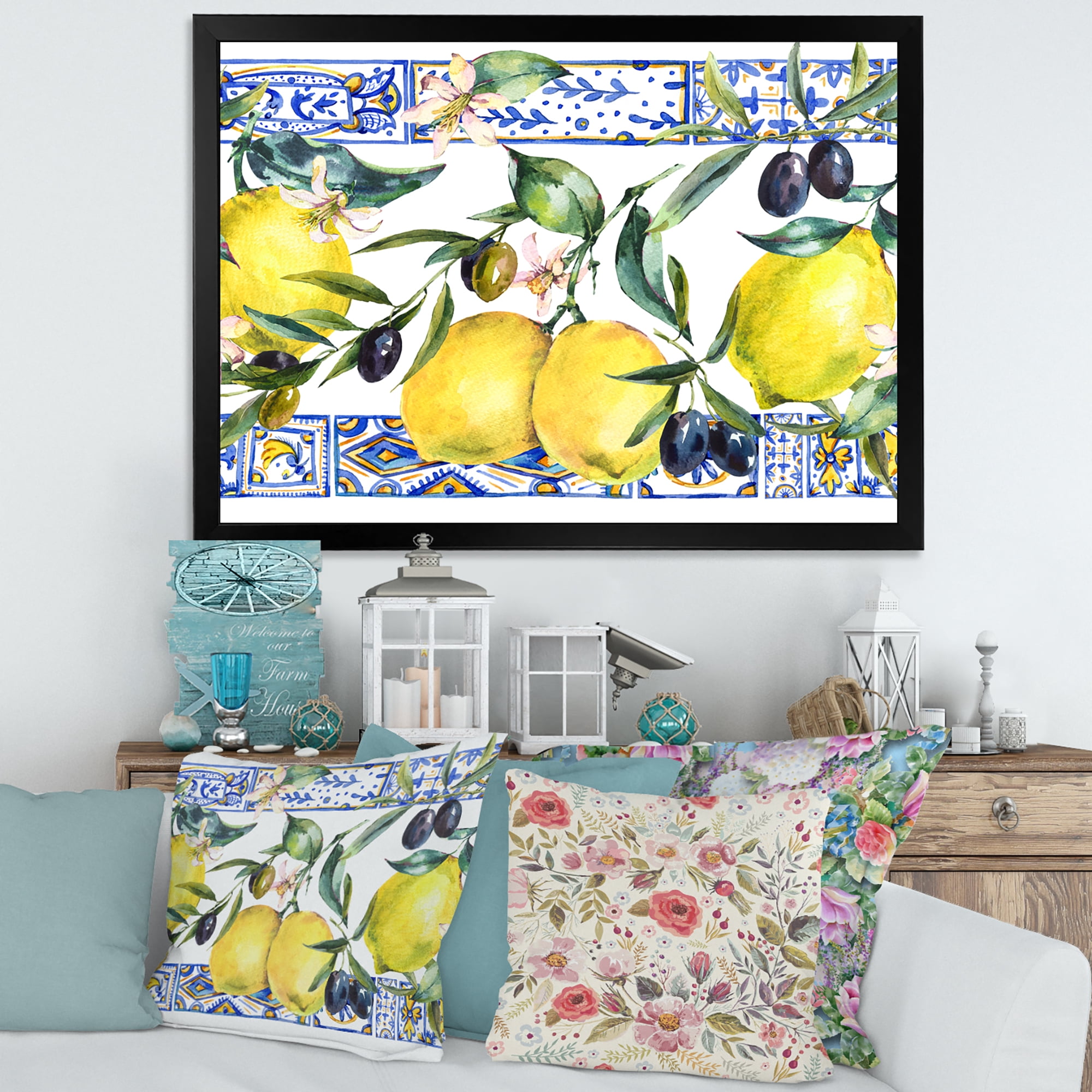 Designart 'Geometrical Pattern of Lemon Ornament On Blue II' Tropical Framed Art Print