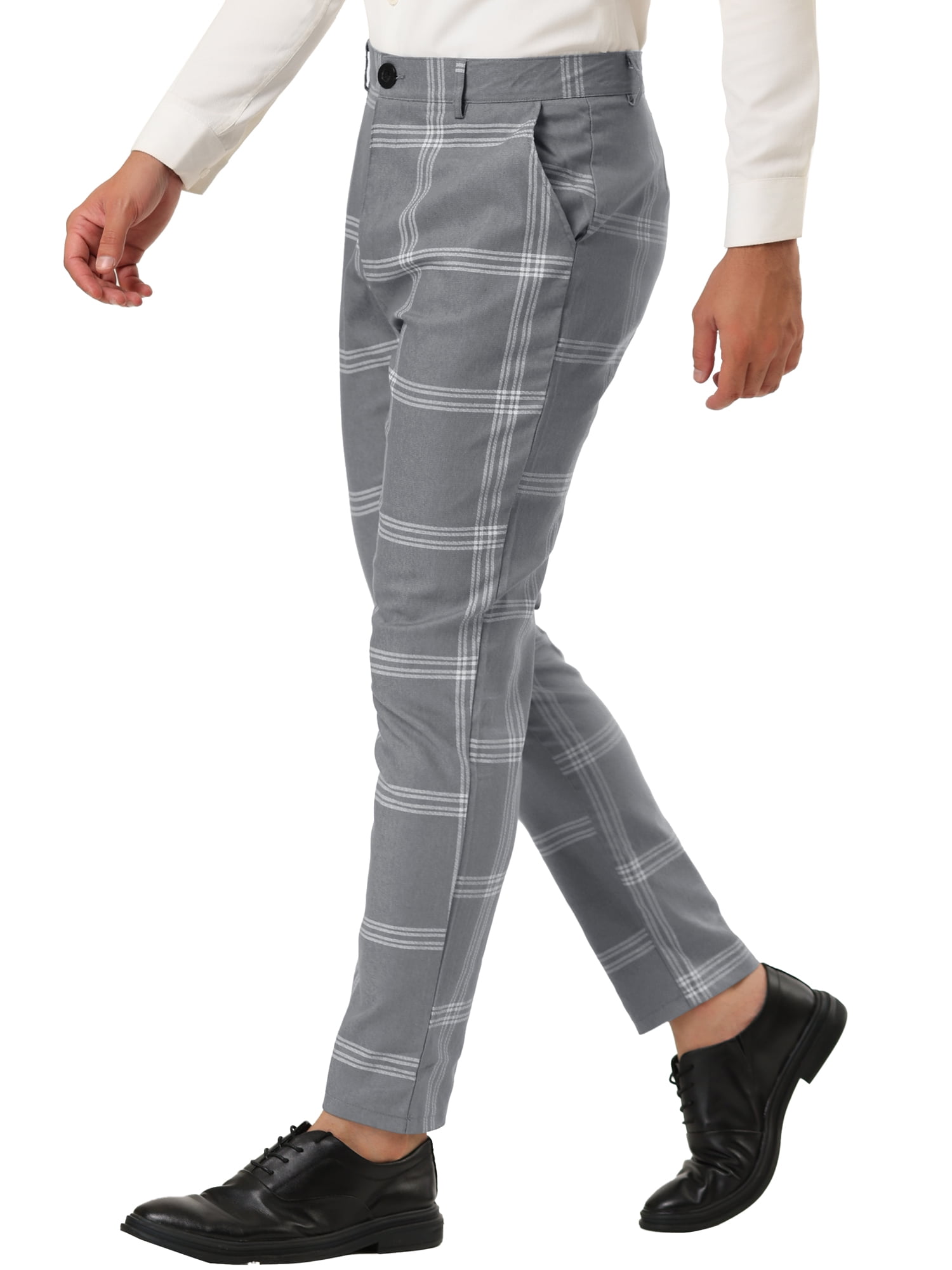 Unique Bargains Men's Business Plaid Pants Casual Slim Fit Flat Front Checked Trousers 32 Gray