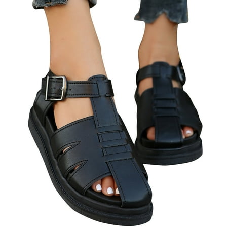 

Fall Winter Savings Clearance! Itsun Casual Sandals for Women Women s Summer New Large-size Openwork Roman Sandals Vintage One-line Buckle Sandals Black