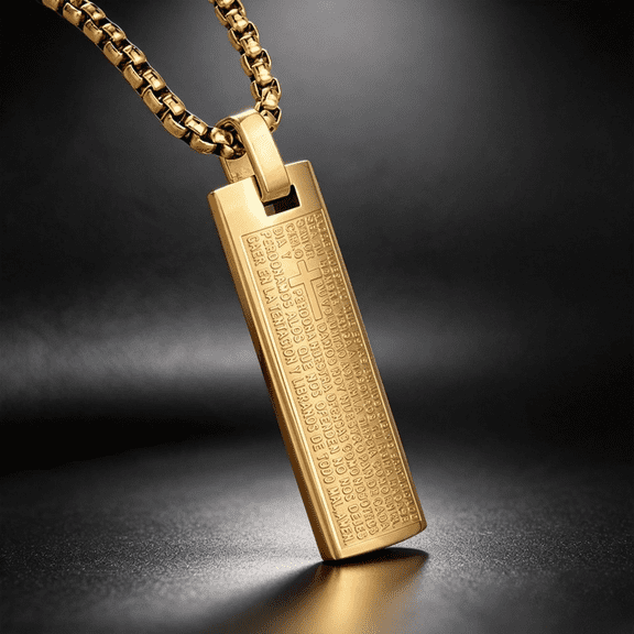 14K Gold Filled Lord's Prayer Cross Pendant, Bible Verse Religious Bar Tag Fine Jewelry Gift for Men