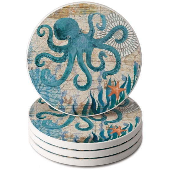 CounterArt "Monterey Bay Octopus" Round Single Image Absorbent Stone Coaster 4 Pack