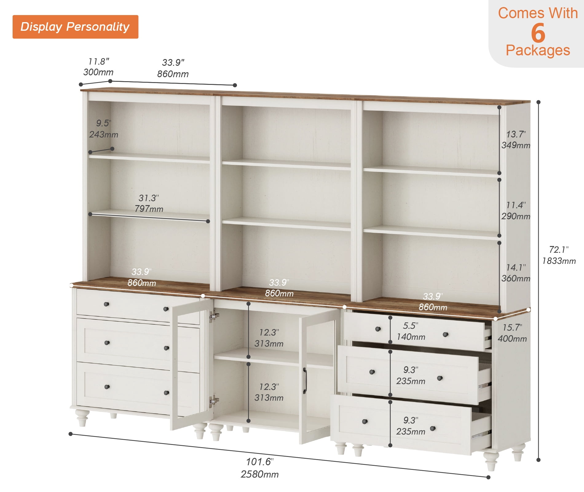 Farmhouse White Sideboard Credenza 72" Tall with 5-Tier Storage, Adjustable Shelves, 6 Drawers & Glass Door Cabinet for Living Room & Study