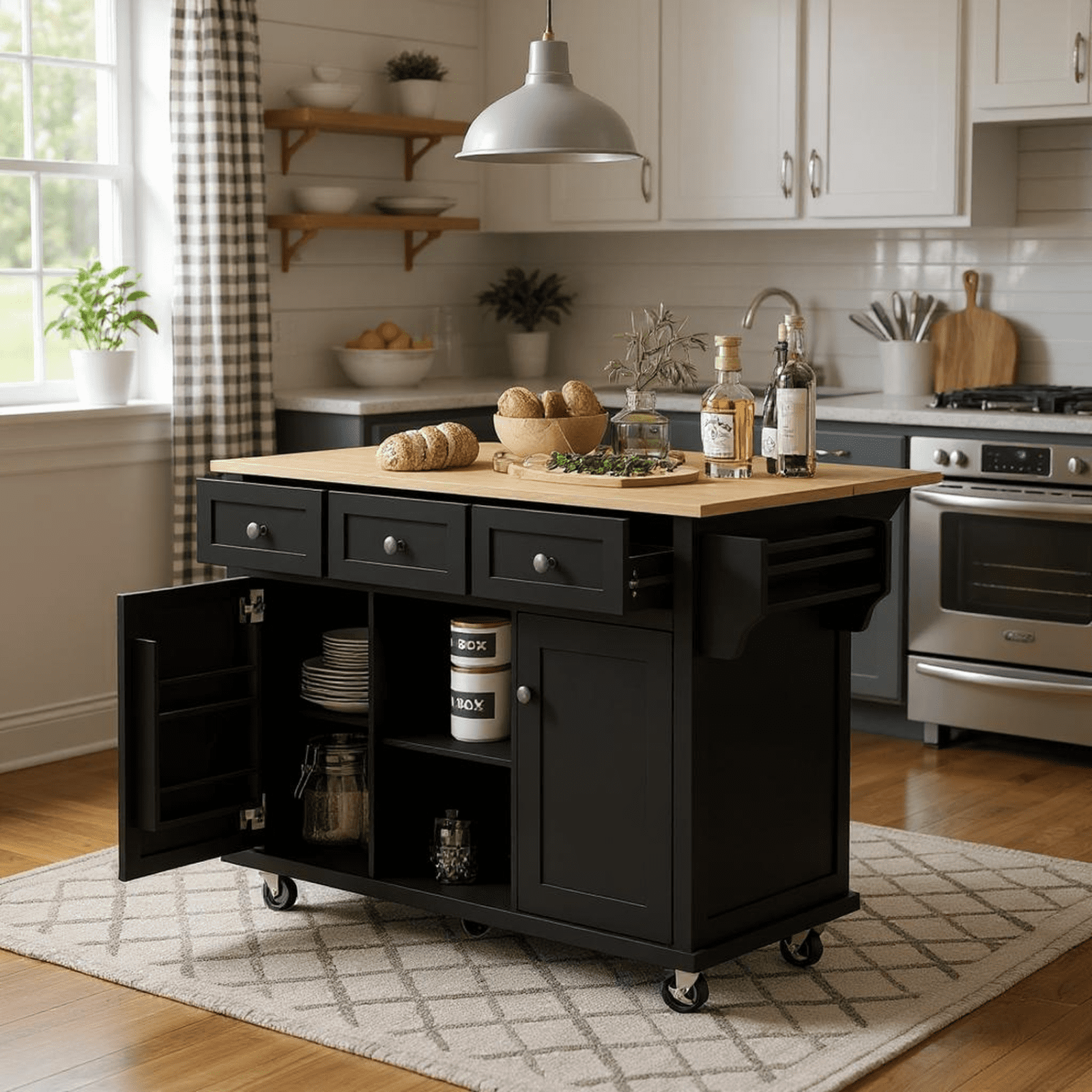 Homy Casa Drop-Leaf Kitchen Island with Storage, Wheels, Adjustable Shelves & Spice Rack, Black
