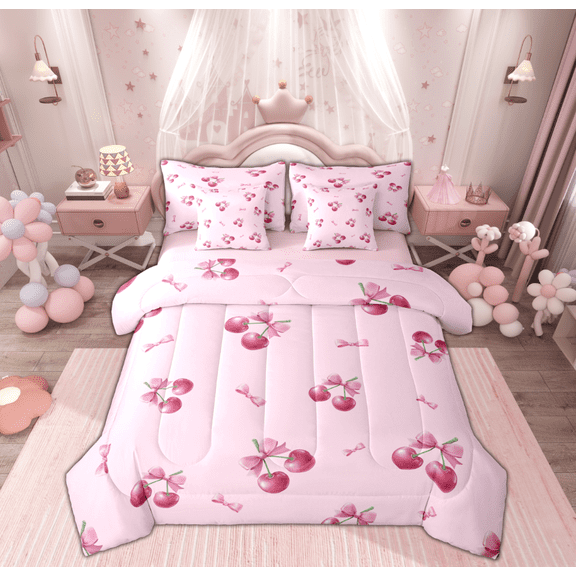 Feelyou Bowknot Cherry Child Twin Bedding Sets 7-Piece, Girly Pink Ribbon Bow Bedding Comforter Set, Kawaii Cute Cartoon Reversible Sheet Sets, Ultra Soft Home Decor
