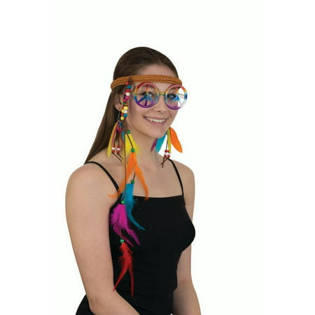 Womens Fun Hippie Costume Accessory Set Headband Peace Glasses Feather