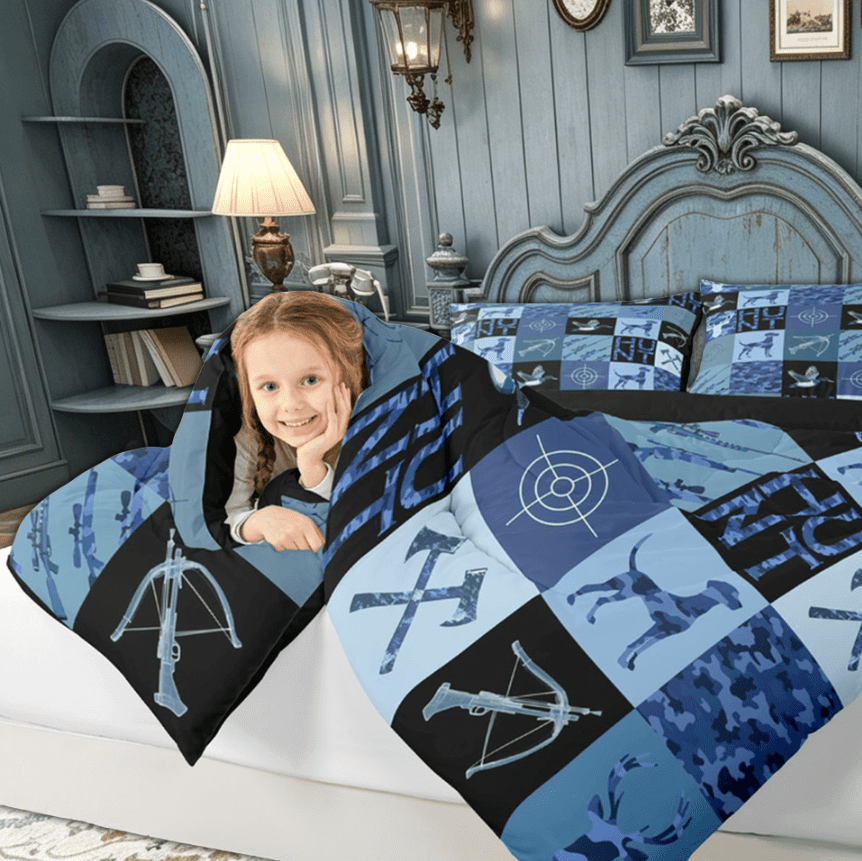 Manfei Farmhouse Dog Duck Wildlife Bedding Comforter Set for Kids Boys, Blue Rustic Camouflage Twin Comforter Sets, Black Reversible, 2-Piece