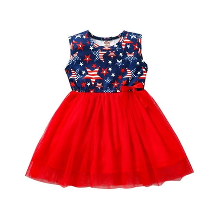 

IROINNID Toddler Girl s Outfits Summer Cute Festival Net Yarn Dress Sleeveless USA Flag Prints A-Line Dress