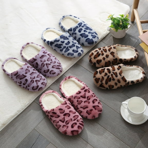 Opolski 1 Pair Slippers Soft Bottom Leopard-print Plush Comfortable to Wear Warm Slippers for Daily Life