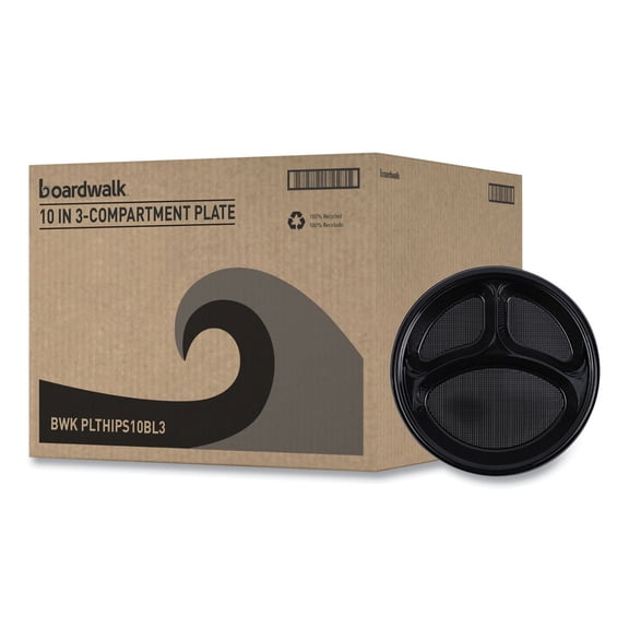 10 in. Diameter 3-Compartment Hi-Impact Plastic Dinner Plates - Black (500/Carton)