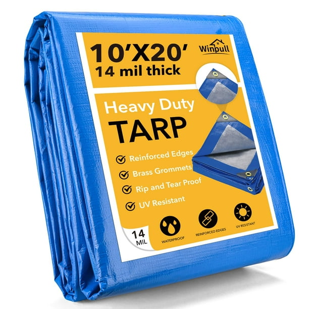Winpull Lona 10X20 pies Lona impermeable resistente de 14 mil Cubierta multiusos grande con ojales de latón y bordes reforzados Lonas de polietileno gruesas resistentes a los rayos UV para tienda de c