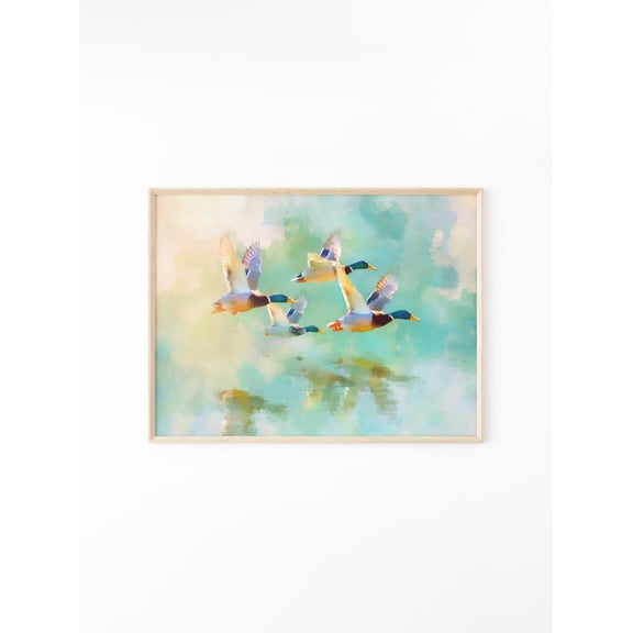 Mallard Ducks Flying Over Lake Vintage Pastel Nature Art V2, UNFRAMED Size 24x24