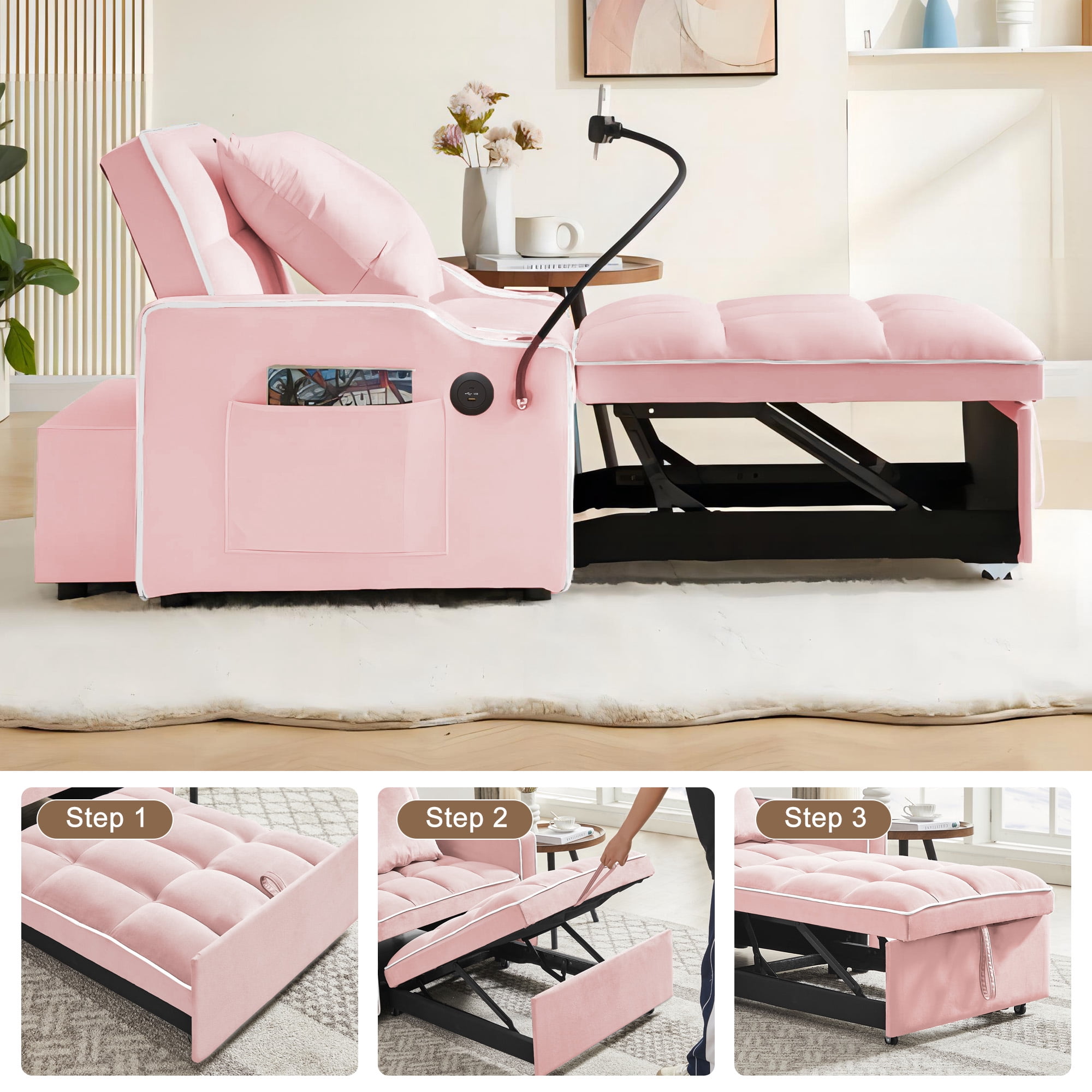 Aukfa Sleeper Chair Bed, Convertible Pull Out Sofa Bed with USB Port, Cup Holders and Swivel Phone Holder, Pink