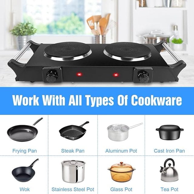 Electric Double Burner,2000W Hot Plate for Cooking,Electric Stove Burner, Dual Coil Portable Stove for Home Dorm Office Kitchen Camping, Electric Cooktop Compatible of All Cookware, Black
