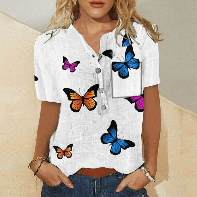 Sksloeg Womens Blouse Plus Size Butterfly Print Short Sleeve Tops Henley  Basic T Shirt Blouse Summer Loose Fit Tops with Pocket,Blue XXL 