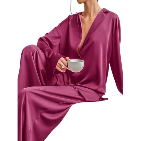 

Glonme Women Sleepwear Button Down Pajamas Sets Lapel Collar Nightwear Home Clothes Two Pieces Outfits Lounge Set Faux Silk Solid Color Pink XL