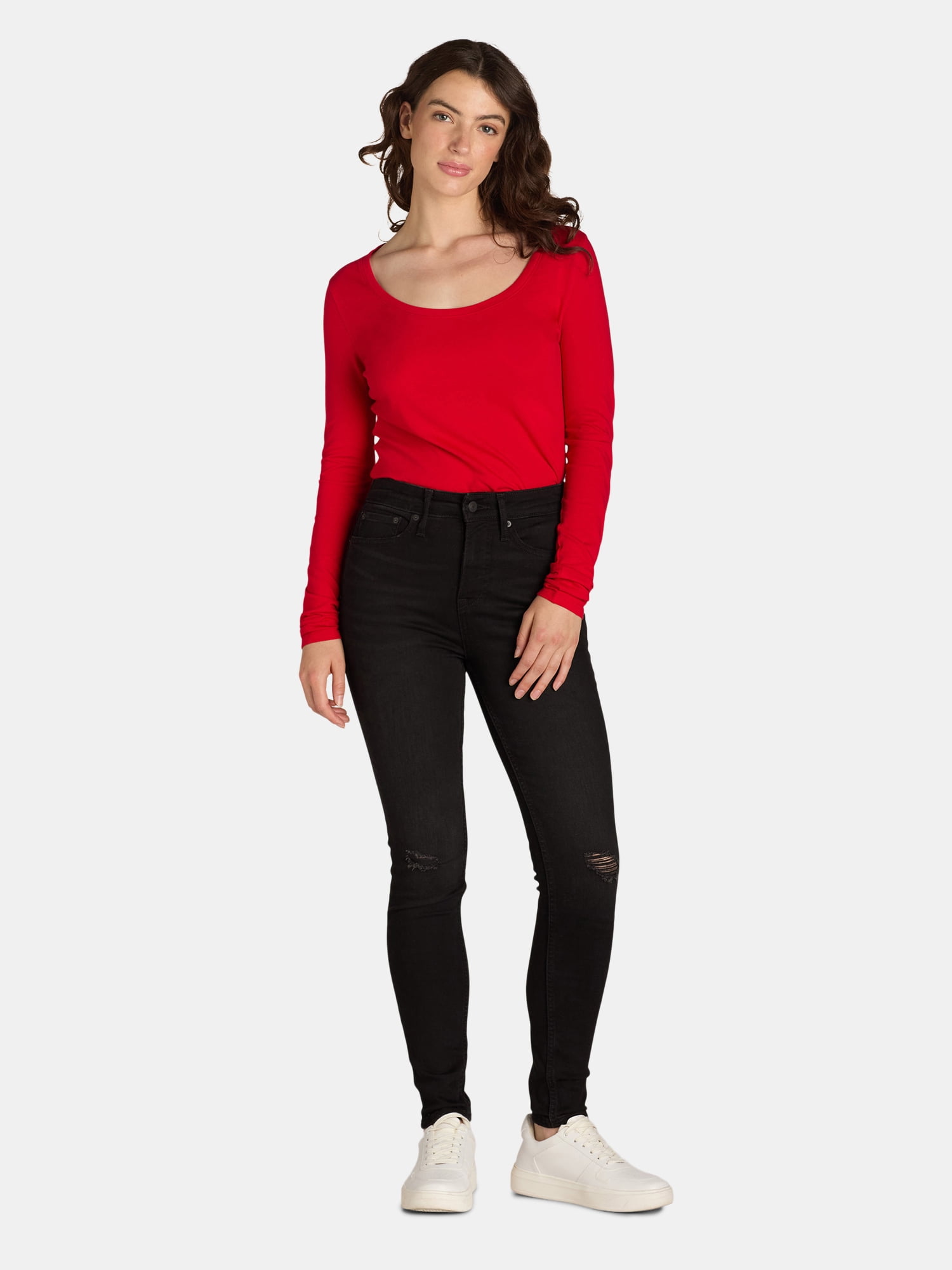 No Boundaries Scoop Neck Everyday Tee with Long Sleeves, 1 and 3 Pack, Women's