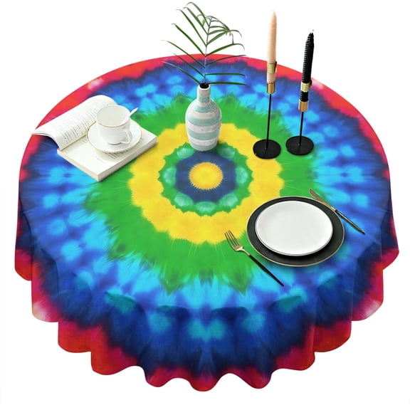 Colorful Tie Dye Circle Pattern Round Tablecloth 60"x60",Wrinkle Wipeable Table Cloth for Kitchen Dining Room Picnic Patio Party