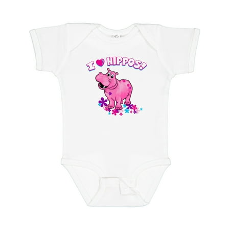 Inktastic I Love Hippos with Pink Hippo and Flowers Boys or Girls Baby Bodysuit