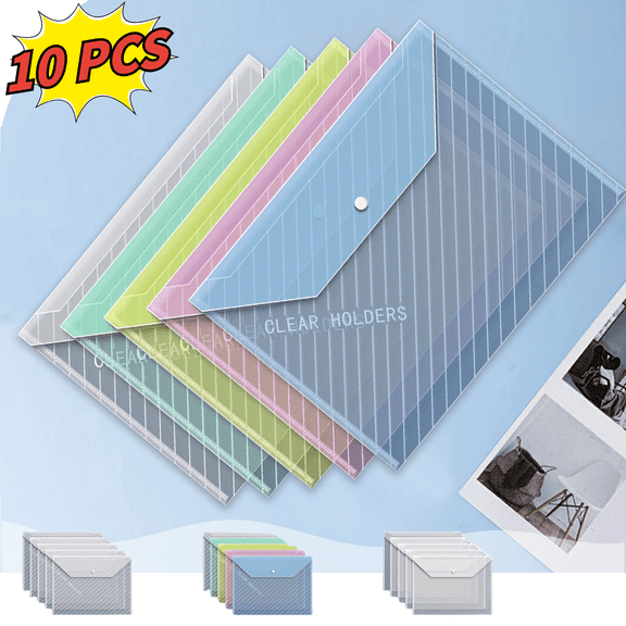 CuiLiyq 10 Pack Clear Plastic Envelopes with Snap Closure, A4 Size Waterproof Document Folders, for Office Home School Filing, 12.6" x 9.1"