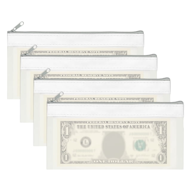 8.5x4 Inch Money Bags with Zipper, 4Pcs Clear Cash Deposit Bank Pouch Envelopes Check Wallet for Coin Cosmetics Invioce Bill, White