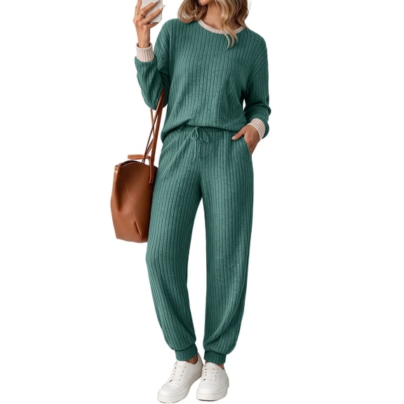 UVN Womens Pajama Set Two Piece Color Block Long Sleeve Top and Long Pants Ladies Fall Matching Oufits Casual Loungewear