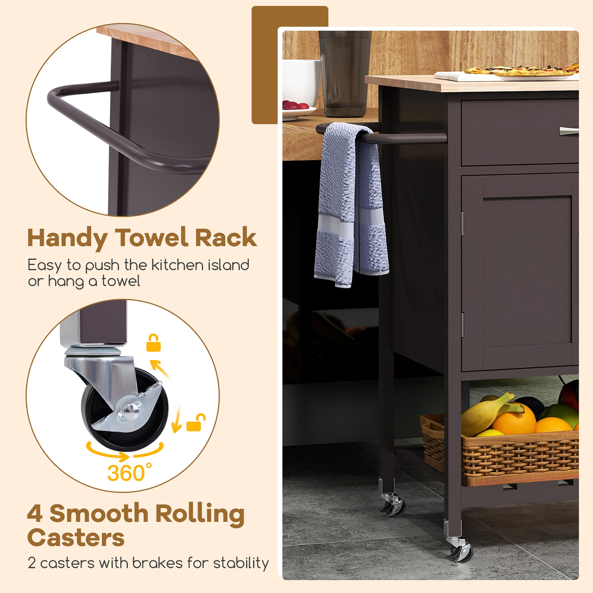 Gymax Rolling Kitchen Island Cart w/ Drawer 2-Door Storage Cabinet Bottom Tray Brown