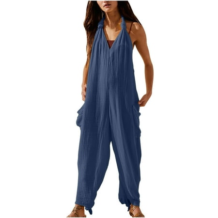 

Sleeveless Strap Overalls Womens Cami Jumpsuit Cotton Linen V-Neck Summer Backless Casual Rompers