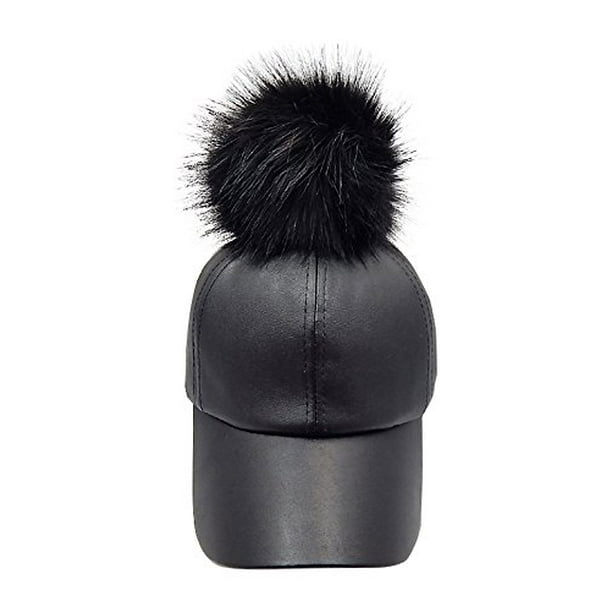2Chique Boutique Women s Black Leather Big Pom Pom Baseball Hat