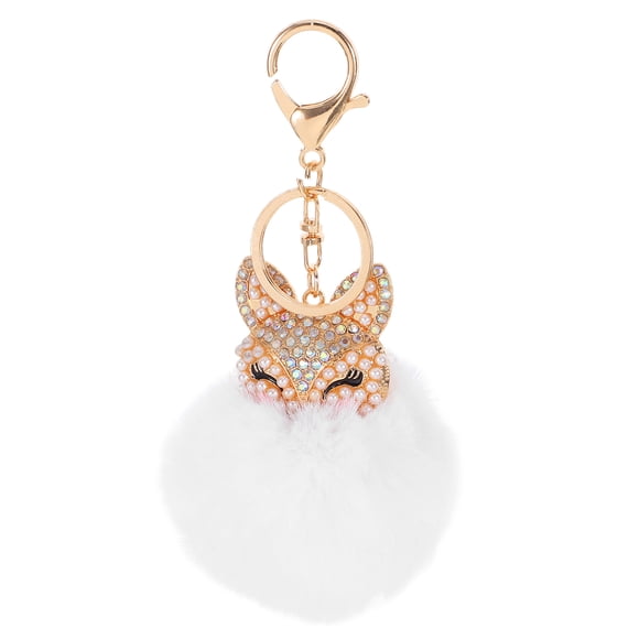 Llavero de bola esponjosa con incrustaciones de perlas y diamantes de imitación para bolso, celular o coche (blanco)