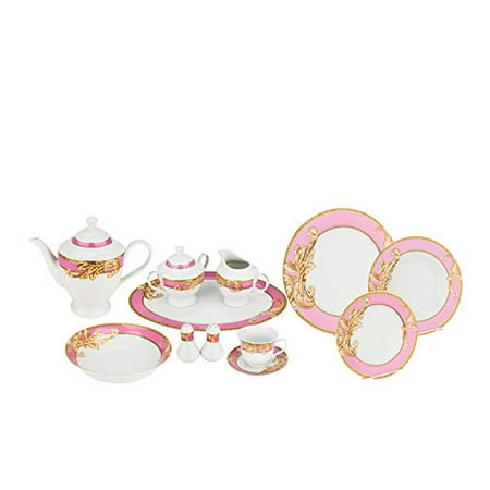Italian Earthenware Dinnerware Italian Design Byzantine Porcelain Dinnerware Set for 8 Bone China Tableware Pink Gold Floral Dining Table Setting Server ware for 8 ()