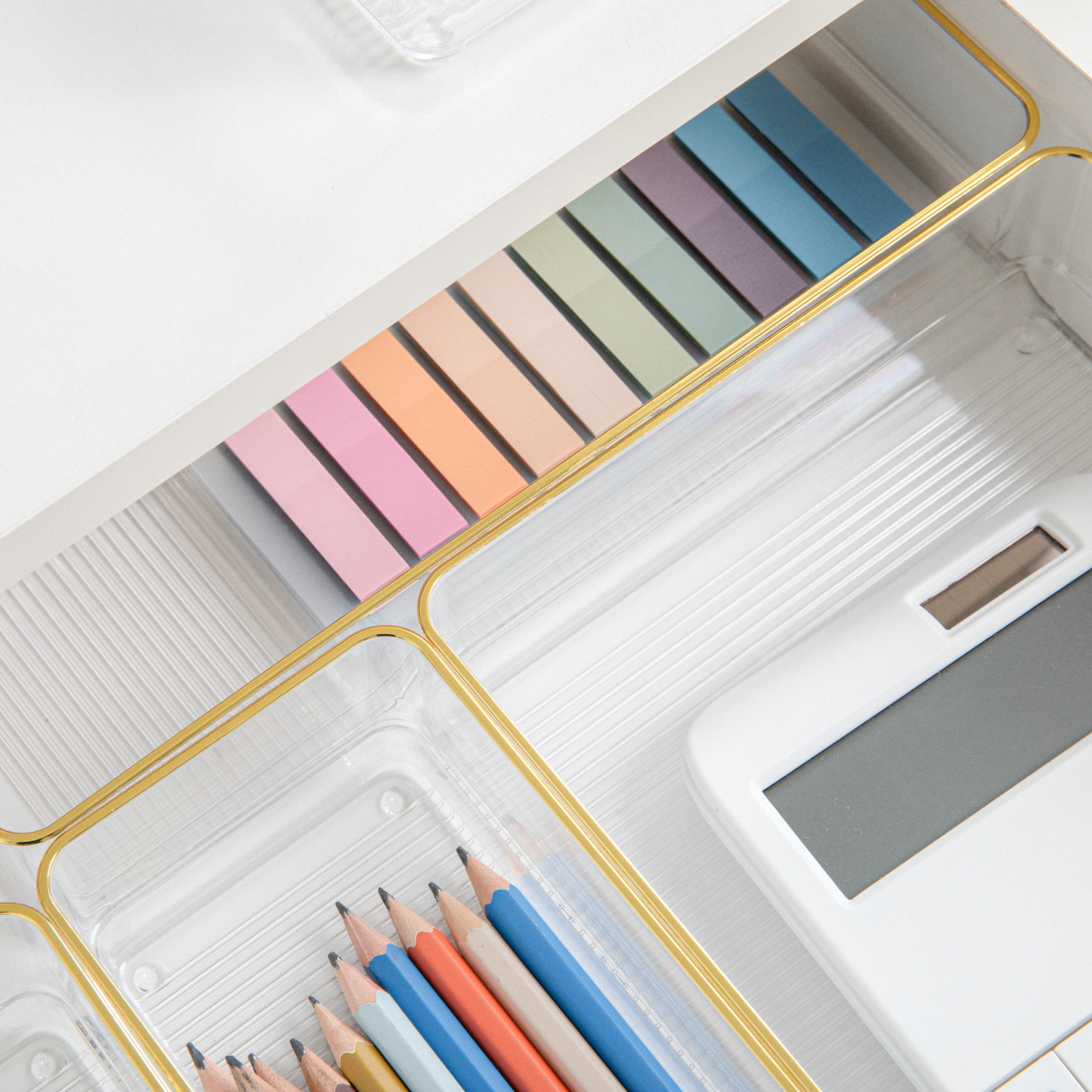 Martha Stewart Kerry Plastic Stackable Office Desk Drawer Organizers with Gold Trim, Various Sizes, Set of 5