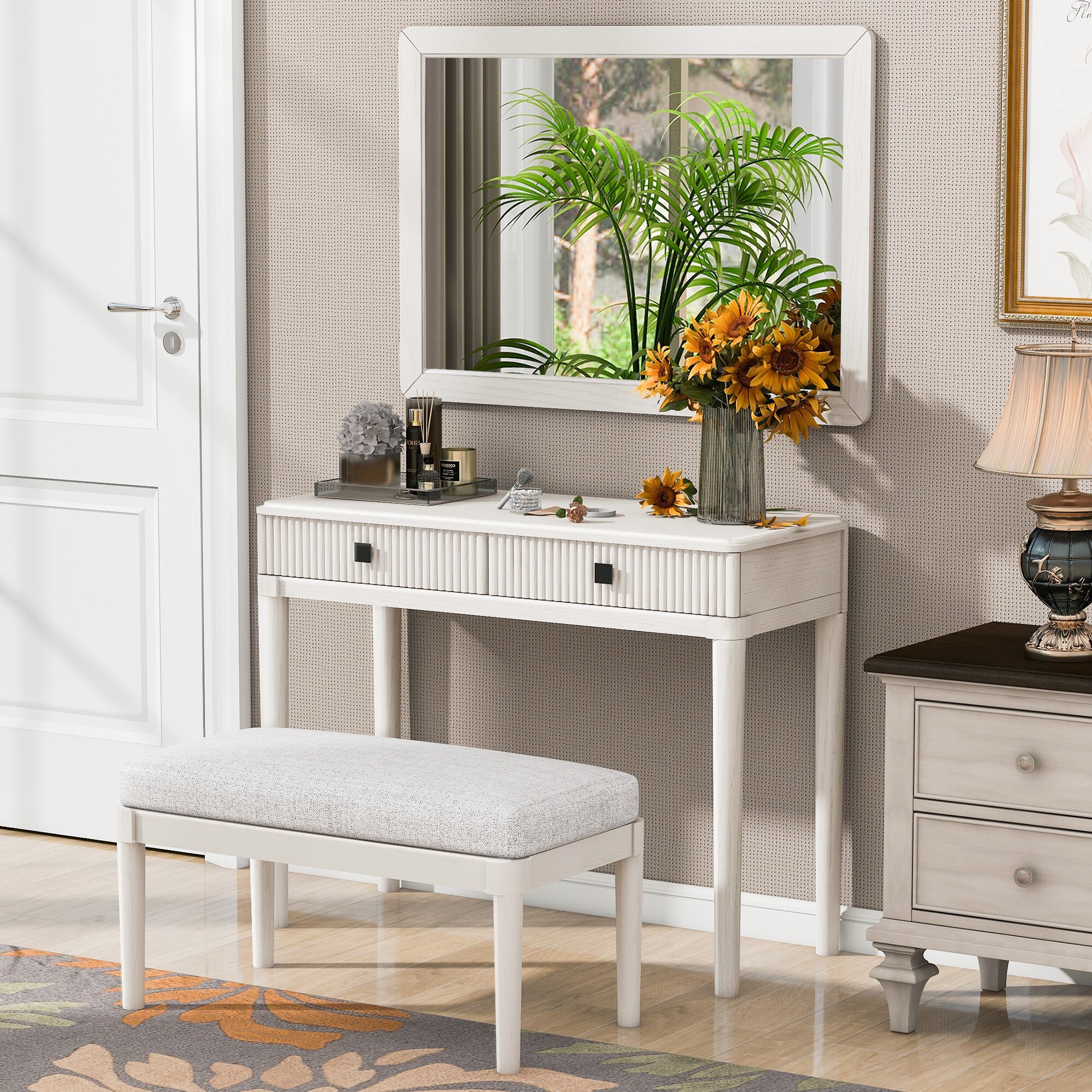 AENKYO Classic Vanity Desk Set with Big Mirror & Bench - Versatile Makeup Dressing Table with Drawers, Beige