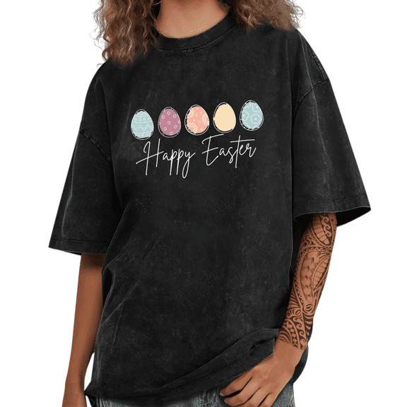 Happy Easter Pastel Eggs Script Graphic Tee T Shirt Tops Suitable Short Sleeve Round Neck Black S-2XL Plus Size
